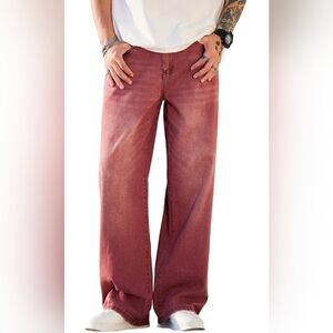 Y2k Mens Wide Leg Maroon Baggy Jeans Hip Hop Streetwear Faded Hip Hop Skateboard